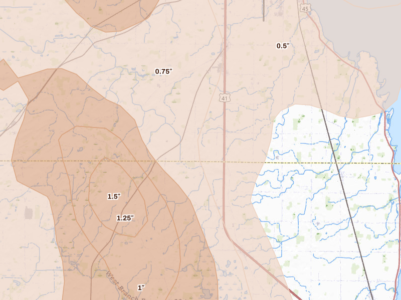 Radar-estimated hail-size map of the storm over Van Dyne, WI on Jul 27, 2026