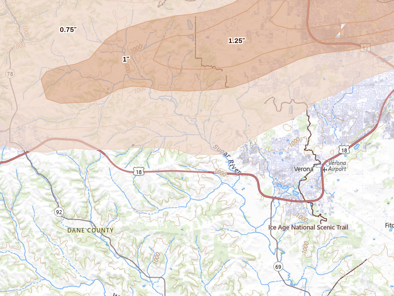 Radar-estimated hail-size map of the storm over Verona, WI