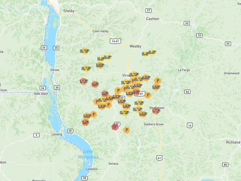 Hail map of Viroqua, WI on Jul 1, 2026, hail up to 2"
