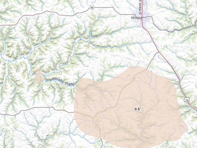 Radar-estimated hail-size map of the storm over Viroqua, WI on Aug 25, 2026
