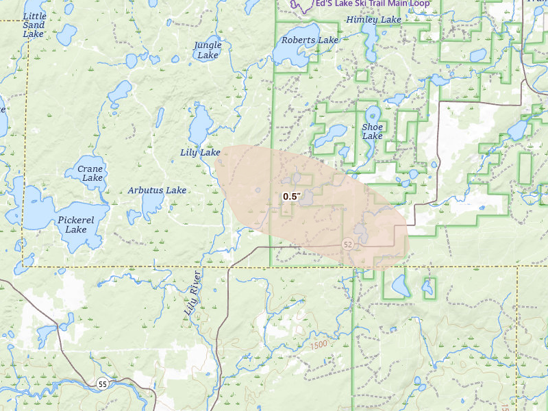 Radar-estimated hail-size map of the storm over Wabeno, WI on Jun 24, 2026