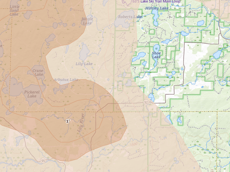 Radar-estimated hail-size map of the storm over Wabeno, WI on Jul 27, 2026