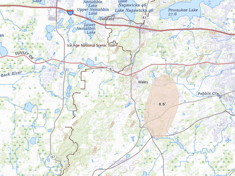 Radar-estimated hail-size map of the storm over Wales, WI