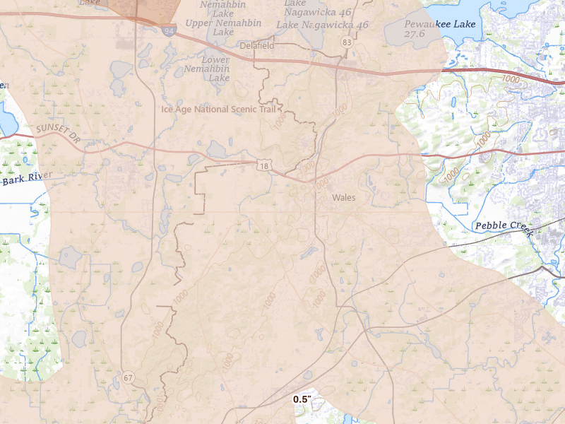 Radar-estimated hail-size map of the storm over Wales, WI on Jul 27, 2026