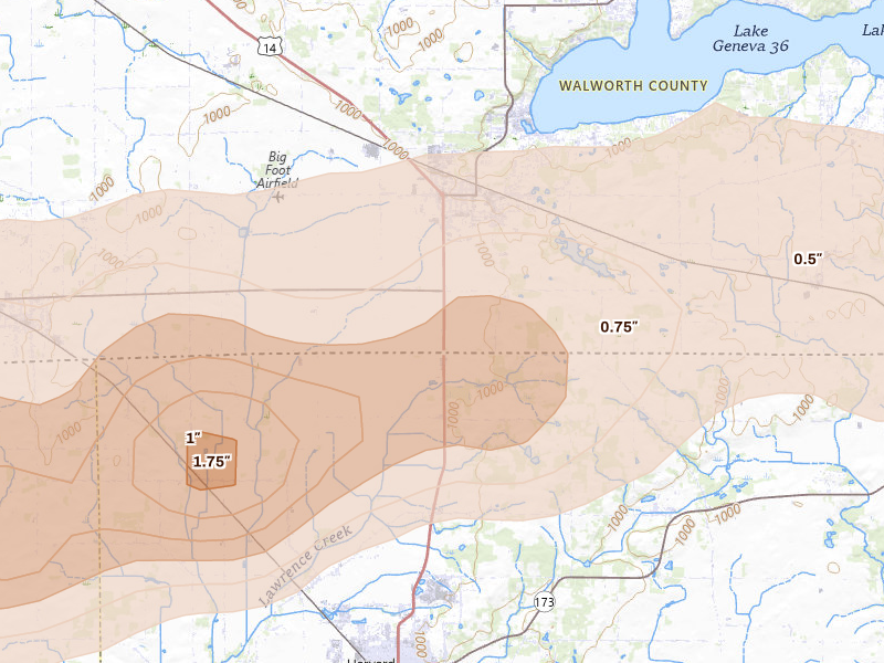 Radar-estimated hail-size map of the storm over Walworth, WI