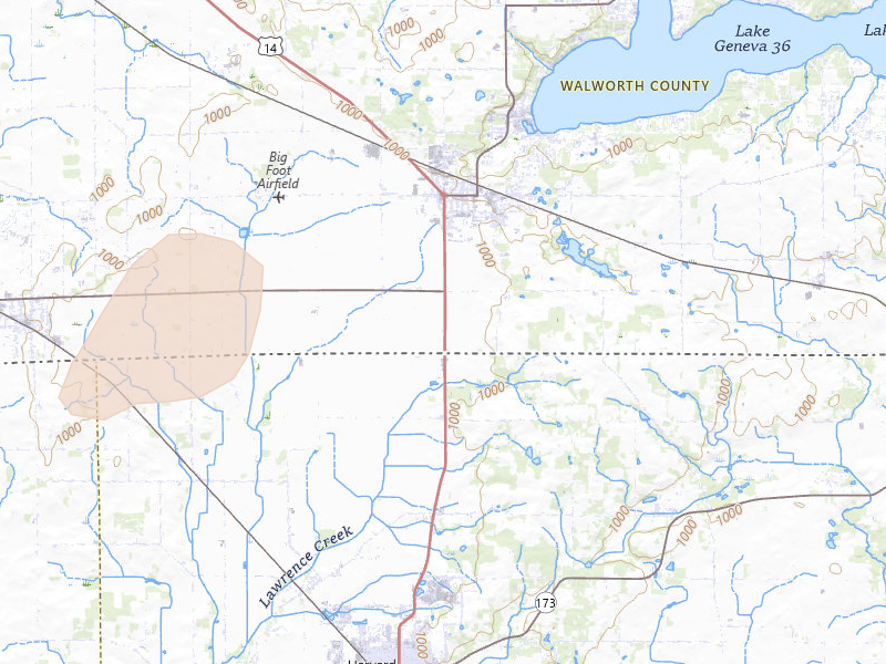 Radar-estimated hail-size map of the storm over Walworth, WI on Apr 17, 2026