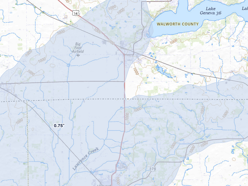 NEXRAD radar-signature map of the hail over Walworth, WI