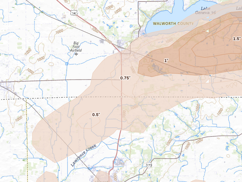 Radar-estimated hail-size map of the storm over Walworth, WI on Aug 9, 2026