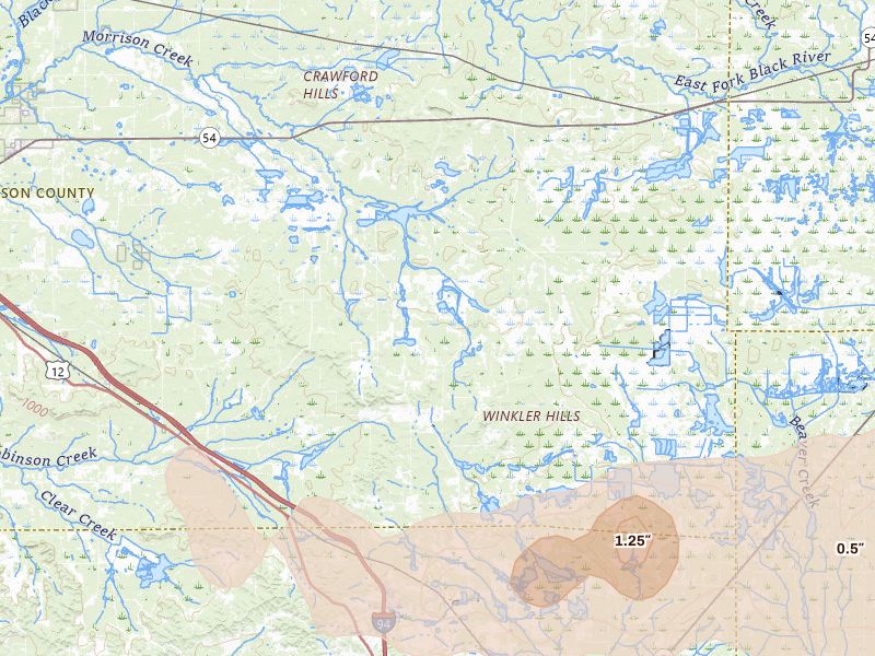 Radar-estimated hail-size map of the storm over Warrens, WI on Mar 31, 2026