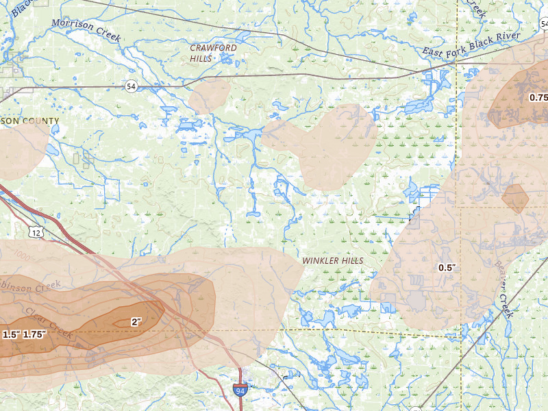Radar-estimated hail-size map of the storm over Warrens, WI