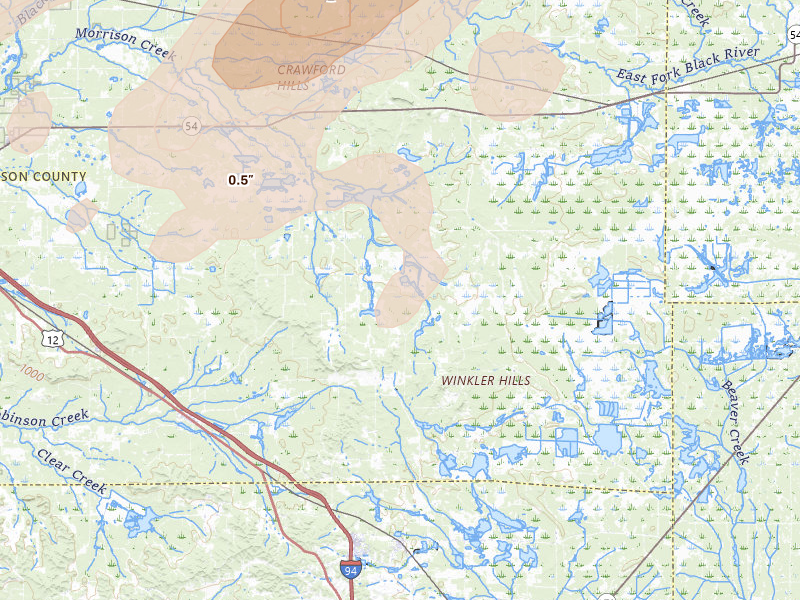 Radar-estimated hail-size map of the storm over Warrens, WI on Apr 17, 2026