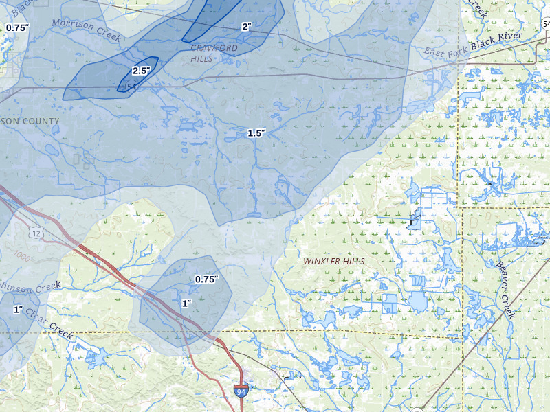 NEXRAD radar-signature map of the hail over Warrens, WI