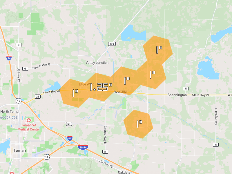 Hail map of Warrens, WI on Jun 30, 2026, hail up to 1.25"