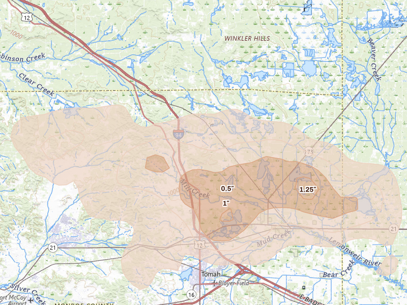 Radar-estimated hail-size map of the storm over Warrens, WI on Aug 9, 2026