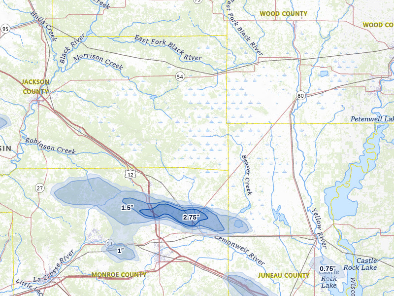 NEXRAD radar-signature map of the hail storm over Warrens, WI on Aug 9, 2026