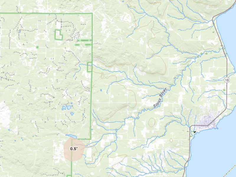 Radar-estimated hail-size map of the storm over Washburn, WI on Jun 28, 2026