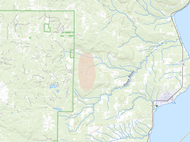Radar-estimated hail-size map of the storm over Washburn, WI on Jun 29, 2026
