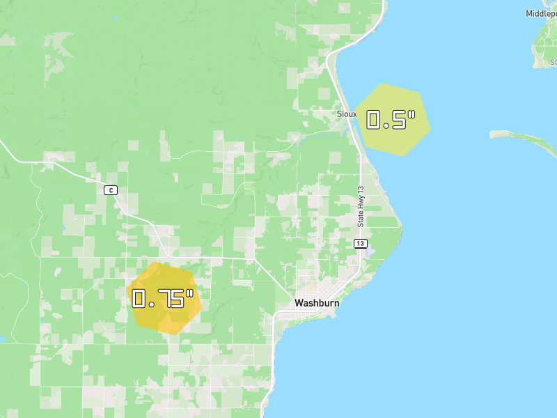 Hail map of Washburn, WI on Jun 29, 2026, hail up to 0.75"