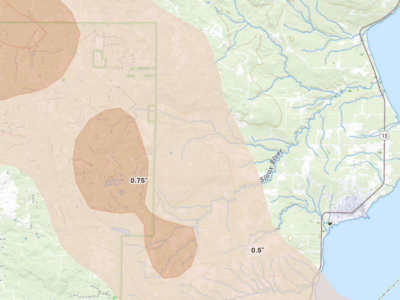 Radar-estimated hail-size map of the storm over Washburn, WI on Jul 17, 2026