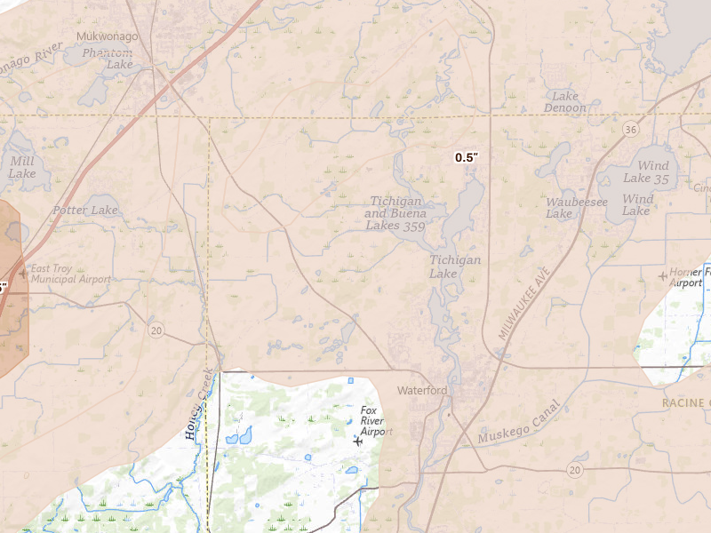 Radar-estimated hail-size map of the storm over Waterford, WI on Apr 17, 2026
