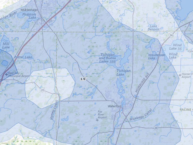 NEXRAD radar-signature map of the hail over Waterford, WI