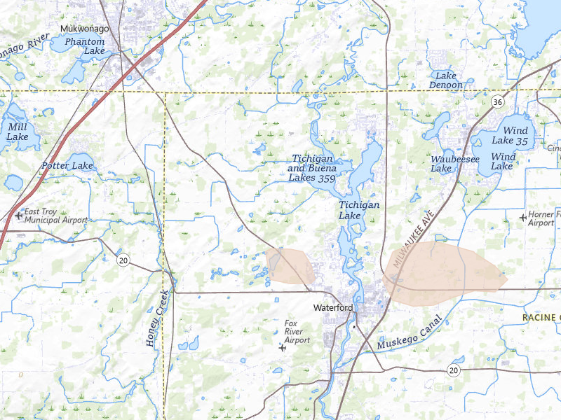 Radar-estimated hail-size map of the storm over Waterford, WI on Apr 21, 2026