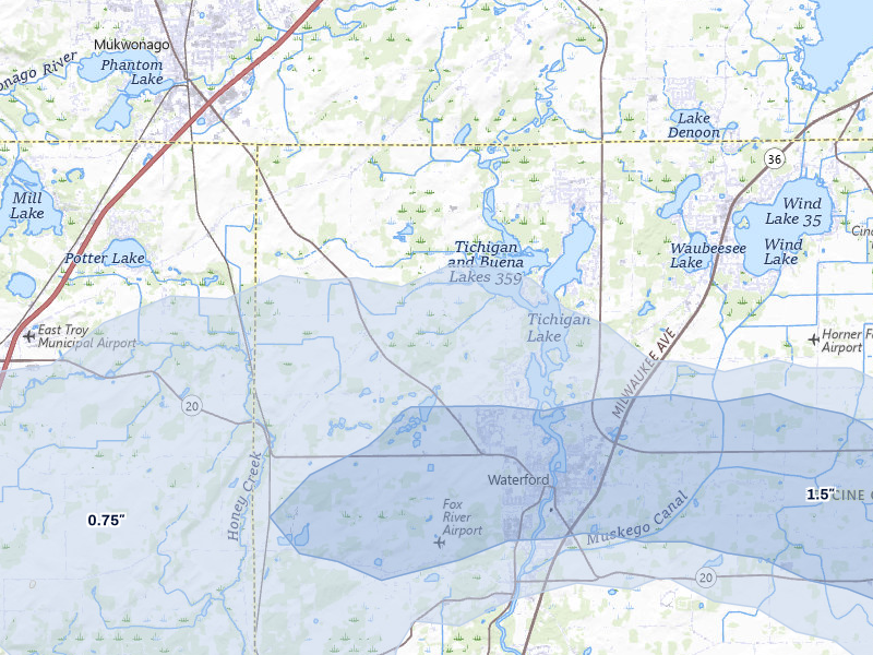 NEXRAD radar-signature map of the hail over Waterford, WI