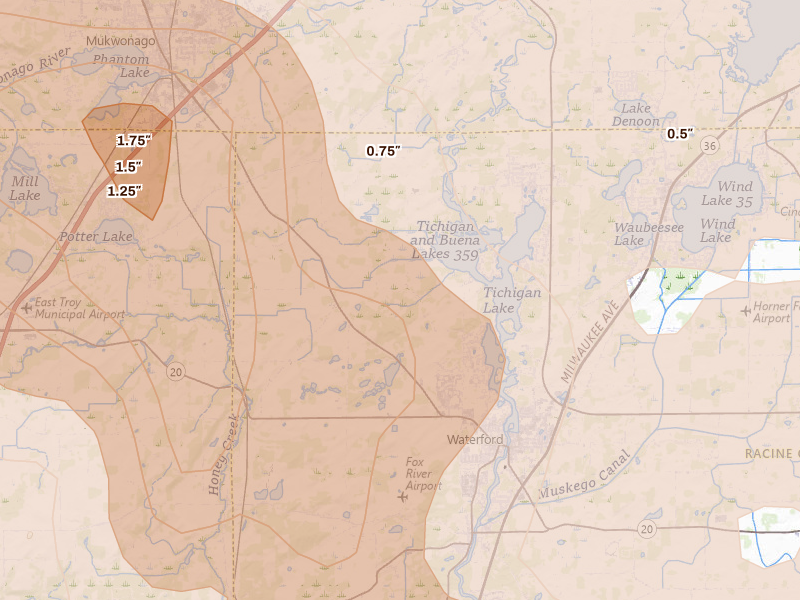 Radar-estimated hail-size map of the storm over Waterford, WI