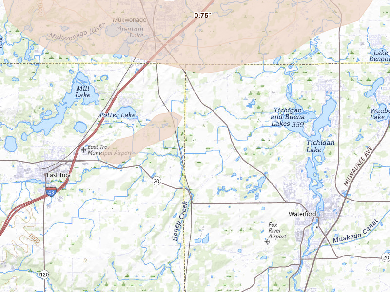 Radar-estimated hail-size map of the storm over Waterford, WI on Aug 9, 2026