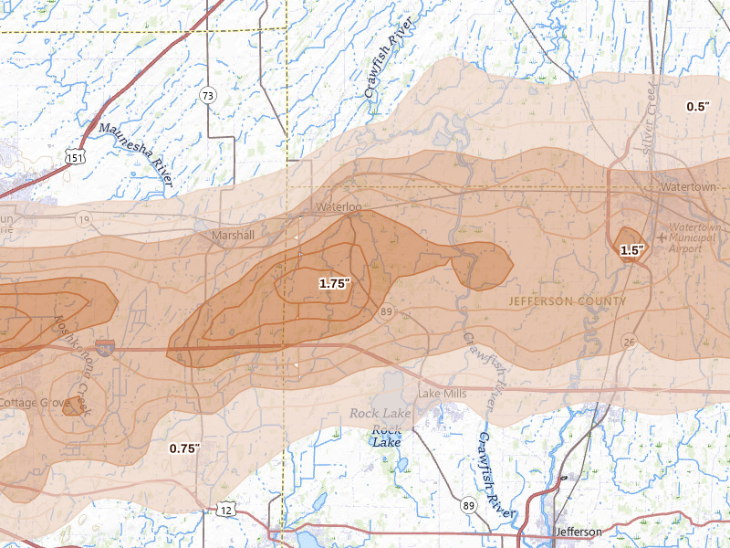 Radar-estimated hail-size map of the storm over Waterloo, WI on Apr 14, 2026