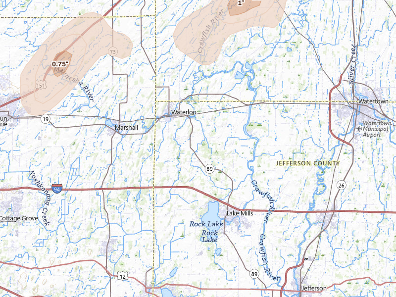 Radar-estimated hail-size map of the storm over Waterloo, WI on Jul 2, 2026