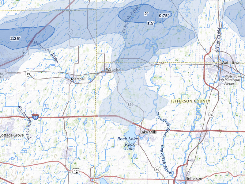 NEXRAD radar-signature map of the hail storm over Waterloo, WI on Jul 2, 2026