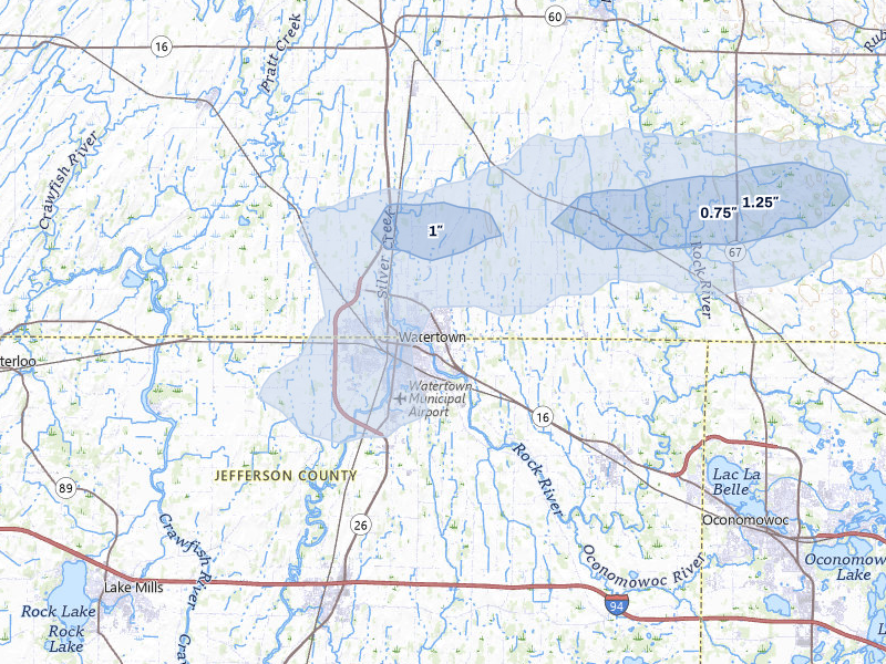 NEXRAD radar-signature map of the hail over Watertown, WI