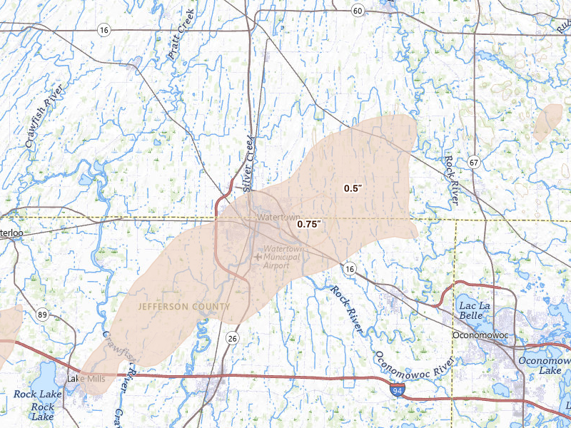 Radar-estimated hail-size map of the storm over Watertown, WI on Apr 17, 2026