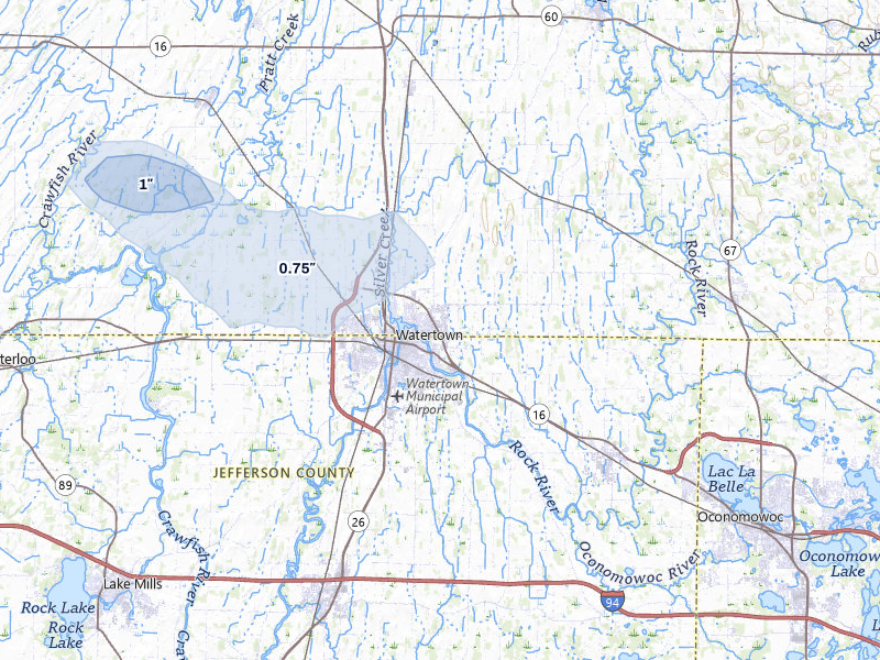 NEXRAD radar-signature map of the hail storm over Watertown, WI on May 15, 2026