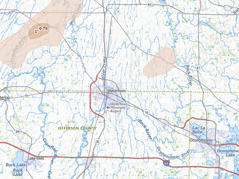 Radar-estimated hail-size map of the storm over Watertown, WI on Jul 2, 2026