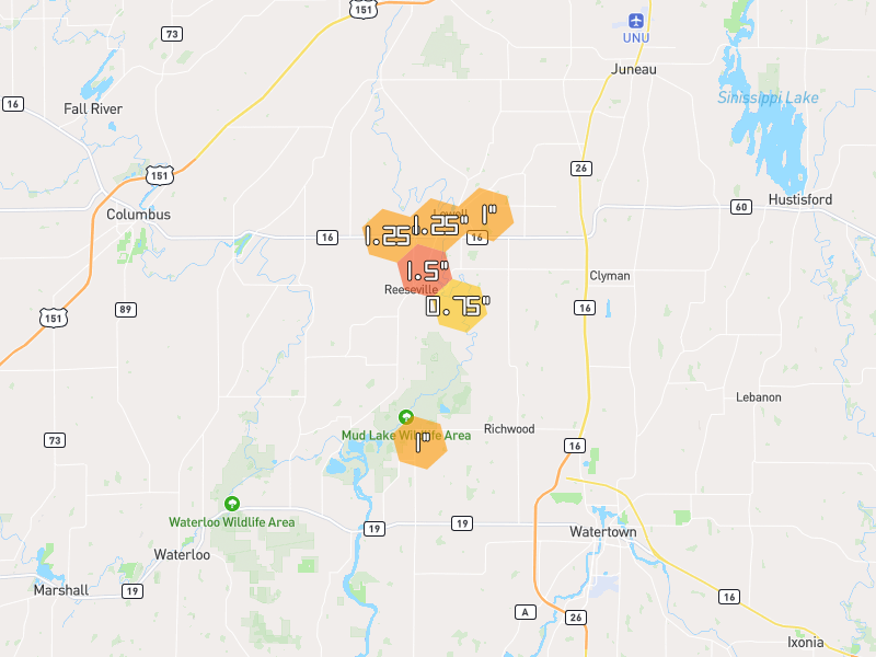 Hail map of Watertown, WI on Jul 2, 2026, hail up to 1.5"