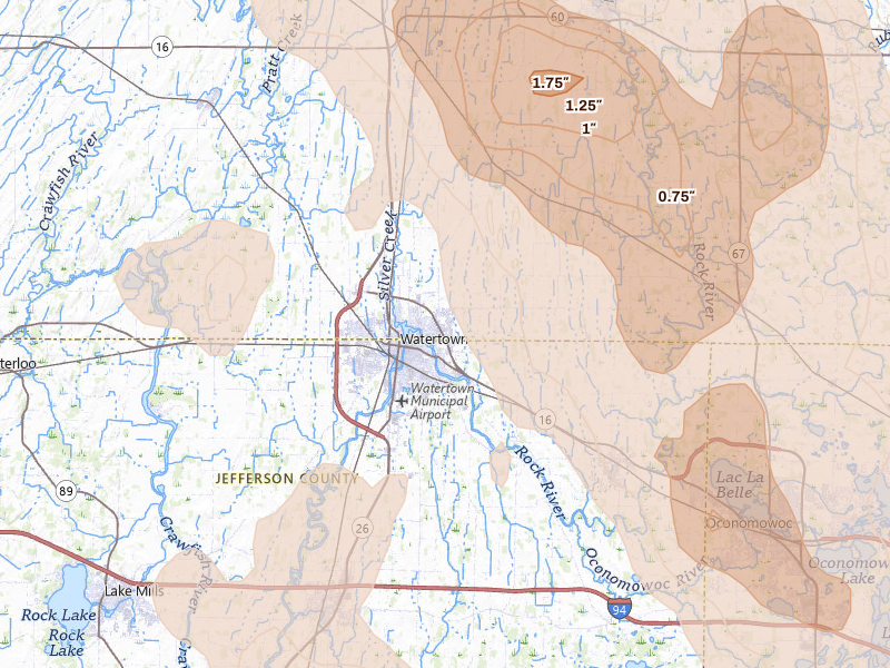 Radar-estimated hail-size map of the storm over Watertown, WI on Jul 27, 2026