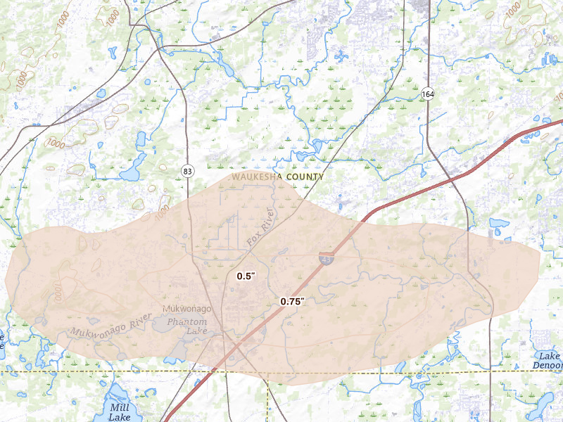Radar-estimated hail-size map of the storm over Waukesha, WI on Aug 9, 2026