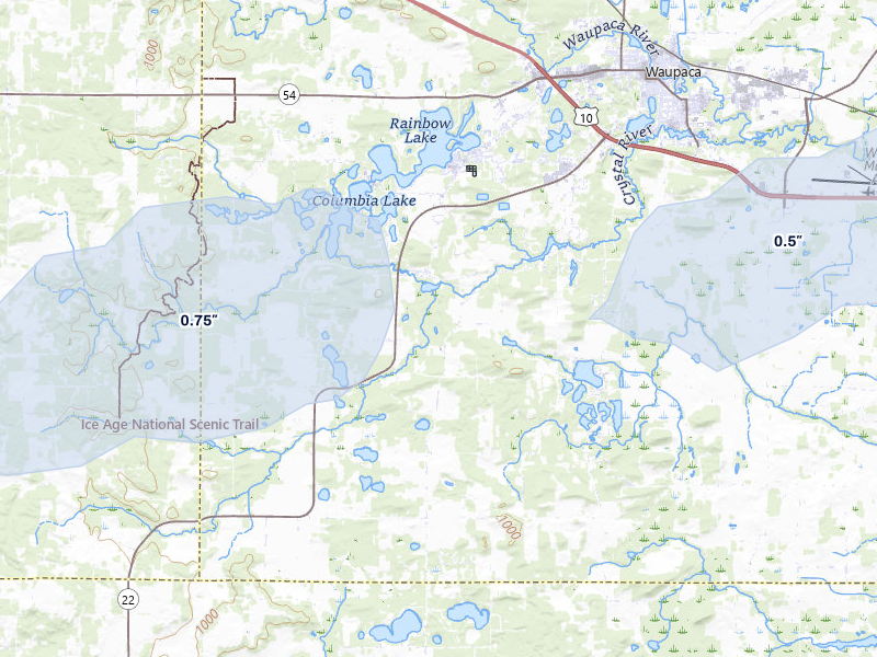 NEXRAD radar-signature map of the hail over Waupaca, WI
