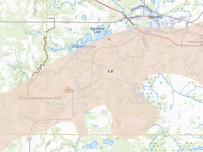Radar-estimated hail-size map of the storm over Waupaca, WI on Jun 30, 2026