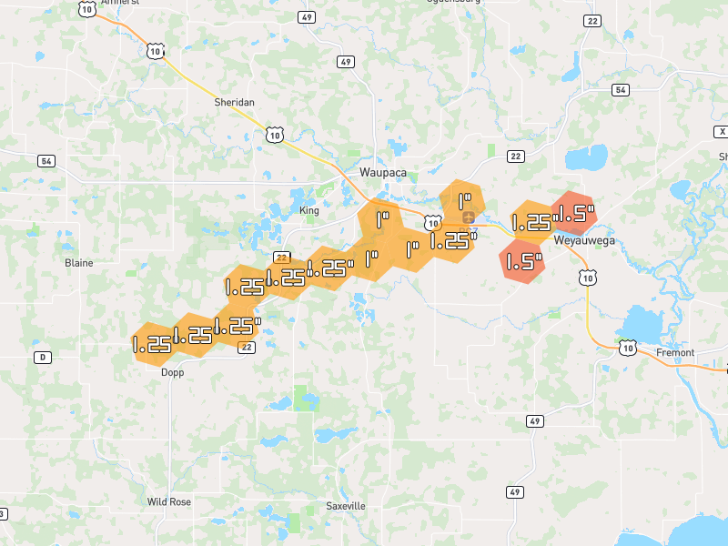 Hail map of Waupaca, WI on Jun 30, 2026, hail up to 1.5"