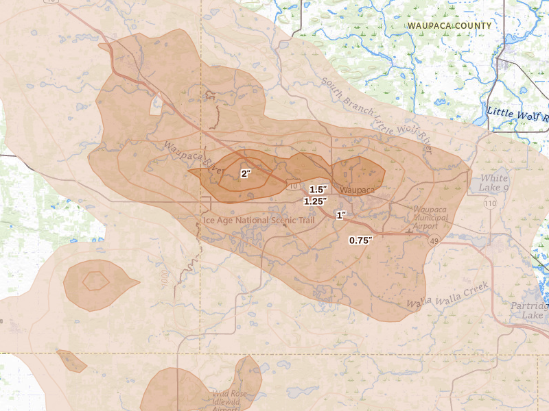 Radar-estimated hail-size map of the storm over Waupaca, WI on Sep 3, 2026