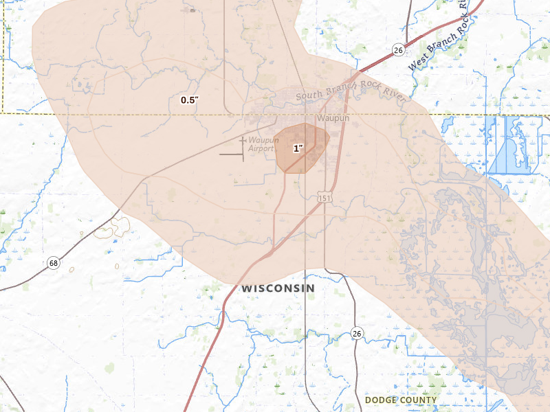 Radar-estimated hail-size map of the storm over Waupun, WI on Jun 24, 2026