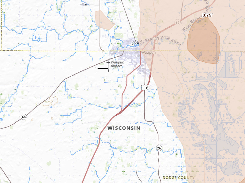 Radar-estimated hail-size map of the storm over Waupun, WI on Jul 27, 2026