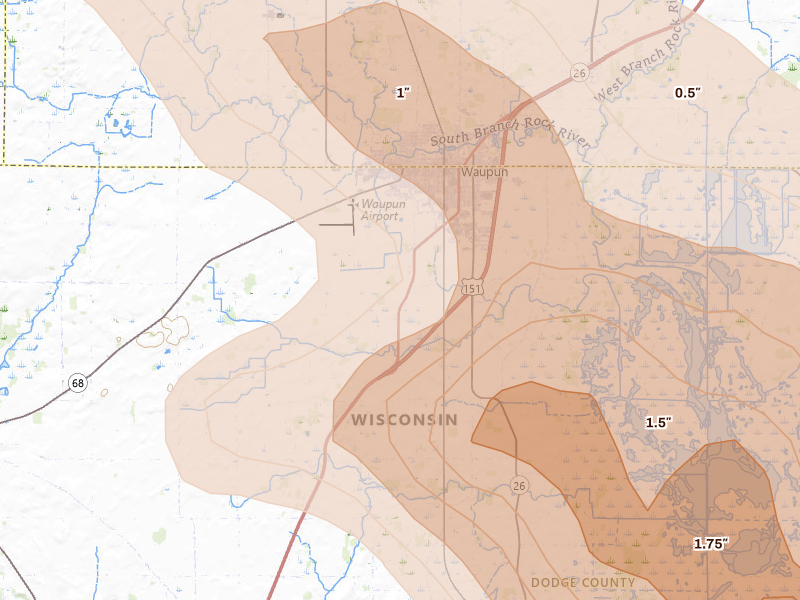 Radar-estimated hail-size map of the storm over Waupun, WI
