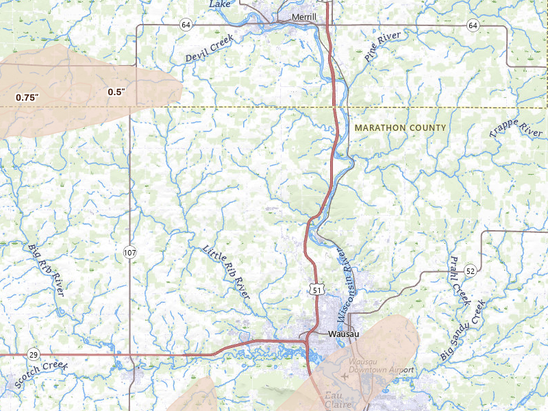 Radar-estimated hail-size map of the storm over Wausau, WI on Apr 13, 2026
