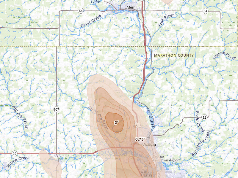 Radar-estimated hail-size map of the storm over Wausau, WI on May 27, 2026