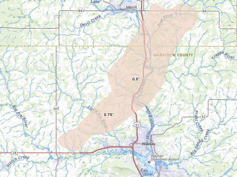 Radar-estimated hail-size map of the storm over Wausau, WI on Jun 30, 2026