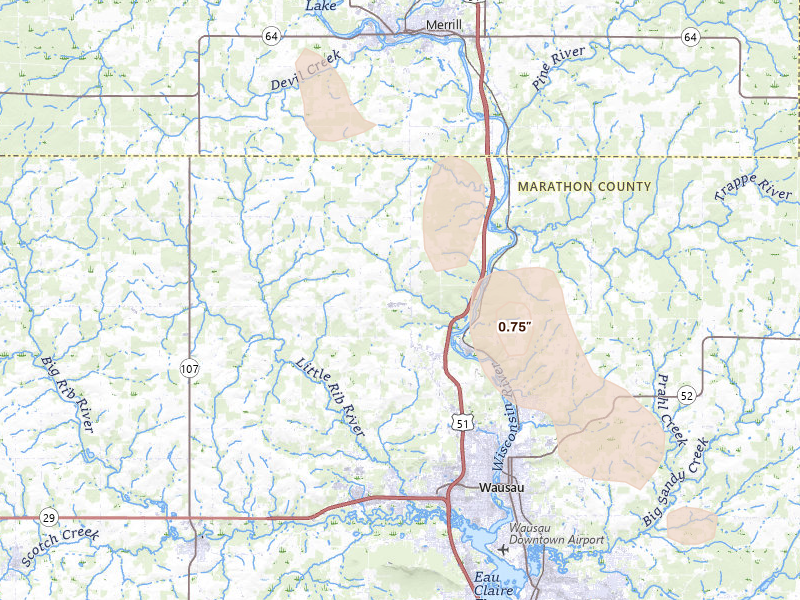 Radar-estimated hail-size map of the storm over Wausau, WI on Jul 26, 2026